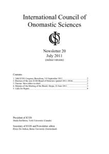International Council of Onomastic Sciences Newsletter 20 Julyonline version)