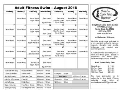 Adult Fitness Swim – August 2016 Sunday Monday  2