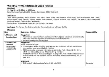 WA NDIS My Way Reference Group Minutes Meeting 5 14 May 2014, 10:00am to 12:00pm Barry MacKinnon Room, Disability Services Commission (DSC), West Perth Attendees: Taryn Harvey (A/Chair), Marcus Stafford, Anita Peiris, Ra