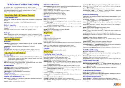 R Reference Card for Data Mining by Yanchang Zhao, , January 3, 2013 The latest version is available at http://www.RDataMining.com. Click the link also for document R and Data Mining: Examples and