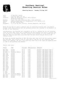 Southern Sentinel Observing Session Notes Observing Session - Tuesday 27th May 2003 Date: Time: