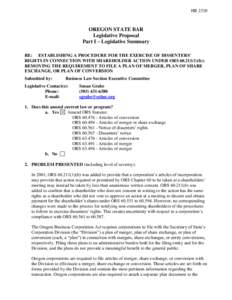 HBOREGON STATE BAR Legislative Proposal Part I – Legislative Summary RE: ESTABLISHING A PROCEDURE FOR THE EXERCISE OF DISSENTERS’