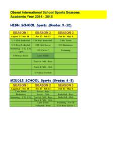 Oberoi International School Sports Seasons Academic YearHIGH SCHOOL Sports (GradesSEASON 1  SEASON 2