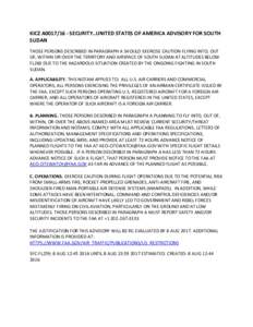 KICZ A0017/16 - Security - United States of America Advisory for South Sudan