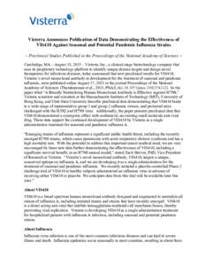 Visterra Announces Publication of Data Demonstrating the Effectiveness of VIS410 Against Seasonal and Potential Pandemic Influenza Strains – Preclinical Studies Published in the Proceedings of the National Academy of S
