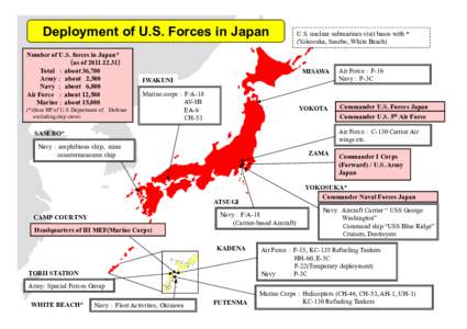 Deployment of U.S. Forces in Japan Number of U.S. forces in Japan* （as of[removed]） Total ：about 36,700 Army： about 2,500 Navy ： about 6,800