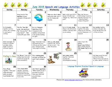 June 2015 Speech and Language Activities Sunday Monday  Tuesday