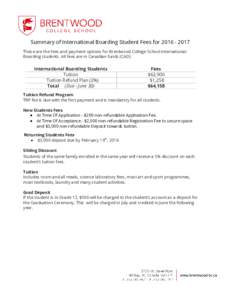    Summary of International Boarding Student Fees for 2016 - 2017  These are the fees and payment options for Brentwood College School International  Boarding students. All fees are in Canadi