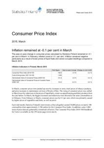 Prices and CostsConsumer Price Index 2015, March  Inflation remained at -0.1 per cent in March