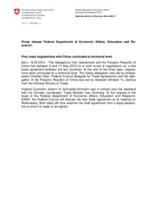 Ninth round of FTA negotiations between Switzerland and China - Media release - May 15, 2013