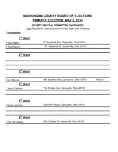 MUSKINGUM COUNTY BOARD OF ELECTIONS PRIMARY ELECTION MAY 6, 2014 COUNTY CENTRAL COMMITTEE CANDIDATES One Republican to be elected from each Ward and Township * Incumbents