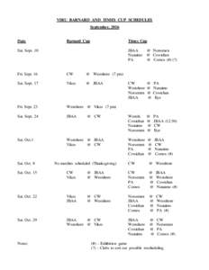 VIRU BARNARD AND TIMES CUP SCHEDULES September, 2016 Date  Barnard Cup