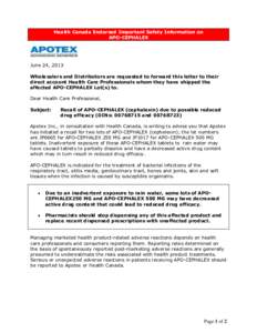 Health Canada Endorsed Important Safety Information on APO-CEPHALEX June 24, 2013 Wholesalers and Distributors are requested to forward this letter to their direct account Health Care Professionals whom they have shipped
