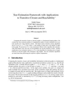 Size-Estimation Framework with Applications to Transitive Closure and Reachability∗ Edith Cohen AT&T Bell Laboratories Murray Hill, NJ 07974 