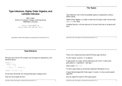 Lambda calculus / Type theory / Higher-order functions / Programming language comparisons / Logic in computer science / Anonymous function / Type inference / Propositional calculus / Map / Unification / Fold / Calculus