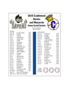 2016 Castlewood Ravens and Monarchs Amateur Baseball Schedules Games played at Memorial Park