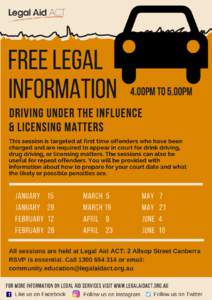 Free legal information 4.00pm to 5.00pm  driving under the influence