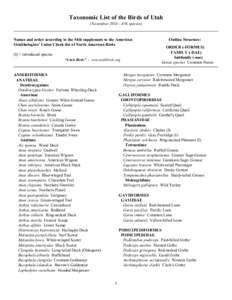 Taxonomic List of the Birds of Utah (Novemberspecies) Names and order according to the 54th supplement to the American Ornithologists’ Union Check-list of North American Birds (I) = introduced species