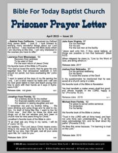 Bible For Today Baptist Church  Prisoner Prayer Letter April 2015 — Issue 10  he” (Proverbs 16:20).