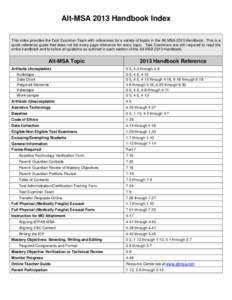 Alt-MSA 2013 Handbook Index This index provides the Test Examiner Team with references for a variety of topics in the Alt-MSA 2013 Handbook. This is a quick reference guide that does not list every page reference for eve