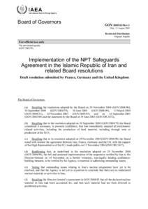 Implementation of the NPT Safeguards Agreement in the Islamic Republic of Iran and related Board resolutions