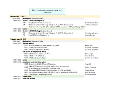 EPICS	Collaboration Meeting,	Spring	timetable	- EPICS	Collaboration Meeting,	Spring	schedule	overview	-