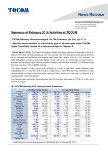 Summary of February 2016 Activities at TOCOM TOCOM February Volume Averaged 133,704 Contracts per Day, Up 3.7 % -- Monthly Volume and ADV for Gold Rolling Spot hit all-time highs, while TOCOM Dubai Crude Daily Volume hit