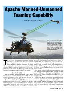 Apache Manned-Unmanned Teaming Capability This photo illustration shows the path of data from the round Longbow Unmanned Aircraft Systems Tactical Common Data Link Assembly (UTA) mounted above the