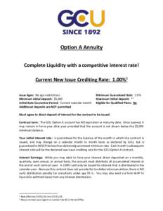 Option A Annuity Complete Liquidity with a competitive interest rate! Current New Issue Crediting Rate: 1.00%1 Issue Ages: No age restrictions Minimum Initial Deposit: $5,000 Initial Rate Guarantee Period: Current calend