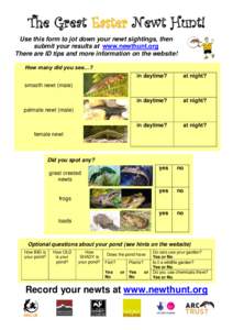 The Great Easter Newt Hunt! Use this form to jot down your newt sightings, then submit your results at www.newthunt.org There are ID tips and more information on the website! How many did you see…? in daytime?
