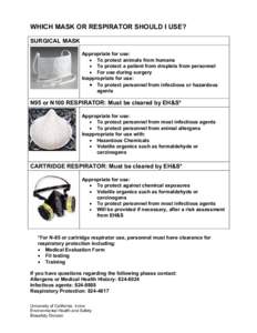 WHICH MASK OR RESPIRATOR SHOULD I USE? SURGICAL MASK Appropriate for use: • To protect animals from humans • To protect a patient from droplets from personnel • For use during surgery