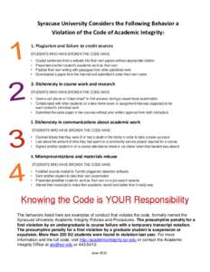 Syracuse University Considers the Following Behavior a Violation of the Code of Academic Integrity: 1. Plagiarism and failure to credit sources STUDENTS WHO HAVE BROKEN THE CODE HAVE: • •