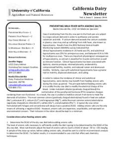 California Dairy Newsletter Vol. 6, Issue 1 JanuaryPREVENTING MILK FEVER WITH ANIONIC SALTS
