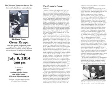 The Waltham Historical Society, Inc. Edmund L. Sanderson Lecture Series Big Band Great  Gene Krupa