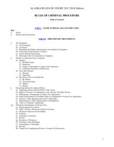 ALASKA RULES OF COURTEdition RULES OF CRIMINAL PROCEDURE Table of Contents PART I. SCOPE, PURPOSE AND CONSTRUCTION Rule