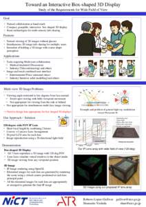 Toward an Interactive Box-shaped 3D Display Study of the Requirements for Wide Field of View Goal ・ Natural collaboration at hand-reach ・ Compact, graspable, interactive box-shaped 3D display ・ Basic technologies f