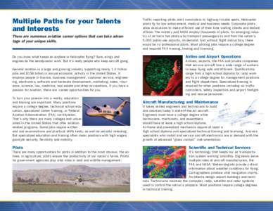Multiple Paths for your Talents and Interests There are numerous aviation career options that can take advantage of your unique skills. Do you know what keeps an airplane or helicopter flying? Sure, wings and engines do 