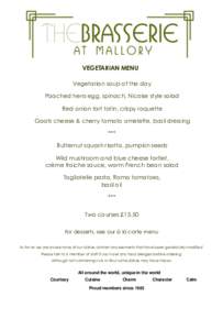 VEGETARIAN MENU Vegetarian soup of the day Poached hens egg, spinach, Nicoise style salad Red onion tart tatin, crispy roquette Goats cheese & cherry tomato omelette, basil dressing ***