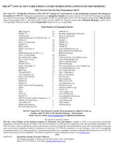 THE 56TH ANNUAL NEW YORK EMMY® AWARD NOMINATIONS ANNOUNCED THIS MORNING! MSG Network Gets the Most Nominations with 67 New York, NY – Wednesday, February 6, 2013. The 56 th Annual New York Emmy® Award nominations took place this morning at