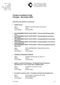 Foreign investment funds Changes - November 2006 Authorized for the distribution in Switzerland: •  All-Star Europe