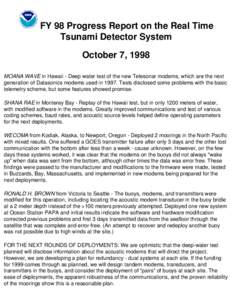 FY 98 Progress Report on the Real Time Tsunami Detector System October 7, 1998 MOANA WAVE in Hawaii - Deep water test of the new Telesonar modems, which are the next generation of Datasonics modems used inTests di