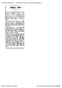 Portland Guardian (Vic. : [removed]), Thursday 7 October 1943, page 3  NOTES PERSONAL
