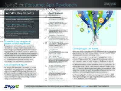 App47 for Consumer App Developers App47’s Key Benefits Customizable Enterprise App Store Securely deploy public and private apps via your own company branded app store