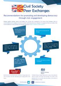 Recommendations for promoting and developing democracy through civic engagement Bringing together learnings, analysis and feedback from all those that contributed to Civil Society Peer Exchanges, these six recommendation