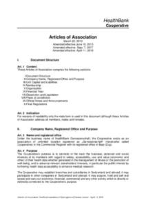 HealthBank Cooperative Articles of Association March 22, 2013 Amended effective June 10, 2015
