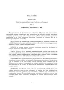 DECLARATION adopted by the Third International Euro-Asian Conference on Transport held in St-Petersburg, September 11-12, 2003