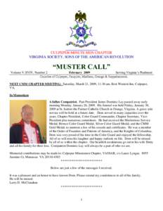 CULPEPER MINUTE MEN CHAPTER VIRGINIA SOCIETY, SONS OF THE AMERICAN REVOLUTION “MUSTER CALL” Volume V.XVIV, Number 2