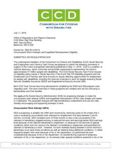 July 11, 2016 Office of Regulations and Reports Clearance 3100 West High Rise Building 6401 Security Blvd. Baltimore, MDDocket No. SSA