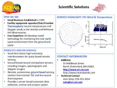 Scientific Solutions WHO WE ARE • Small Business Established in 1995 • Facility equipment operator/Data Provider neutral temperatures and Doppler winds at the Arecibo and Millstone