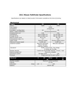 2011 Nissan Pathfinder Specifications Specifications are based on latest product information available at the time of printing Mechanical Engine Name